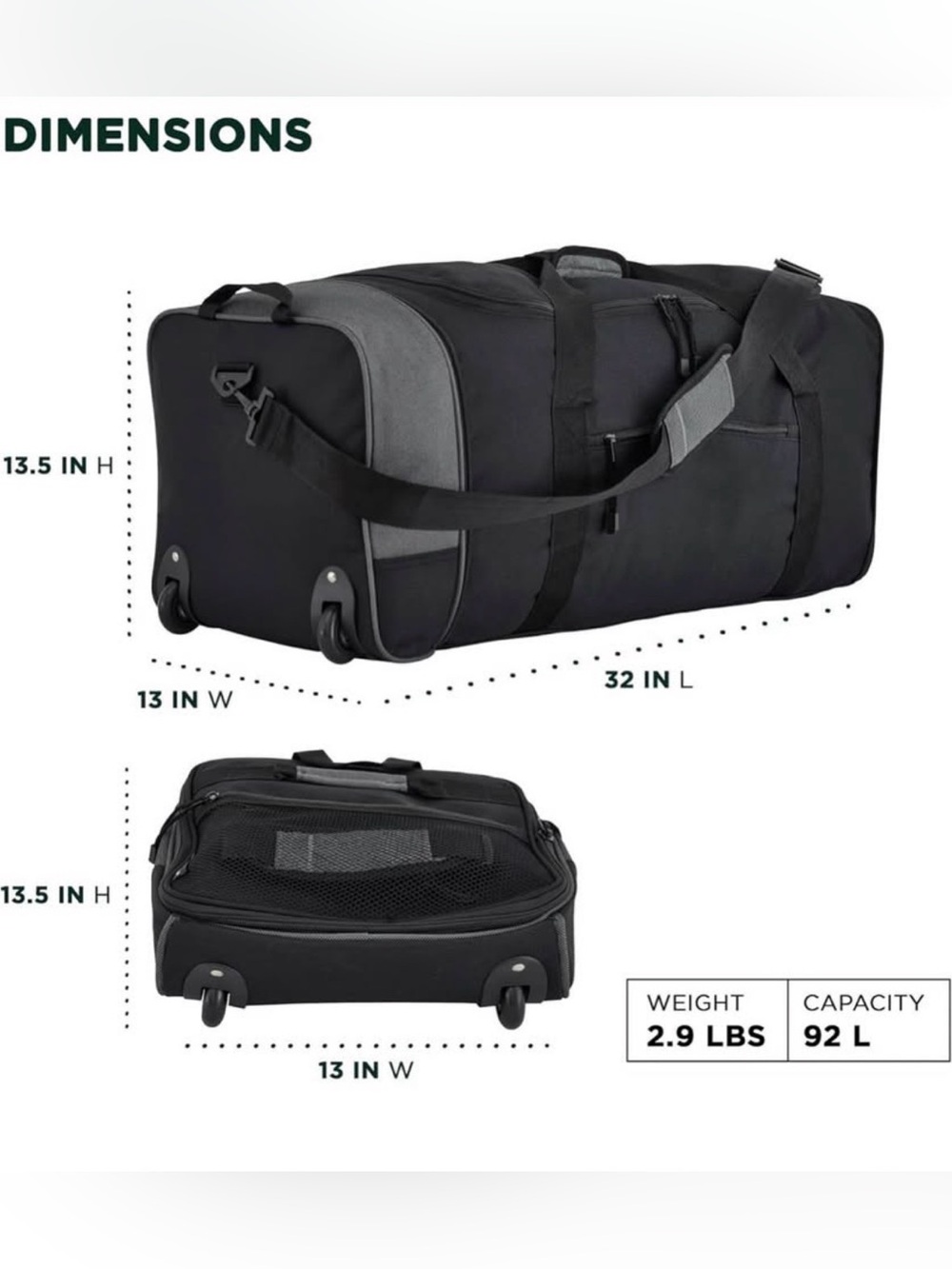 32 inch duffel bag expandable with two wheels and foldable to small size